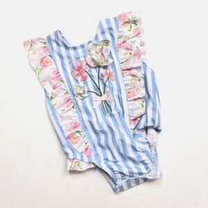 Mud Pie Swimsuit Baby Girls Size 3-6m Blue Stripe Floral Ruffle One Piece